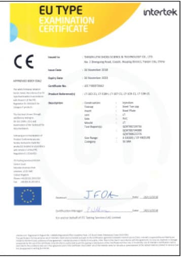 Intertek EU type-examination certificate preview for selected safety footwear