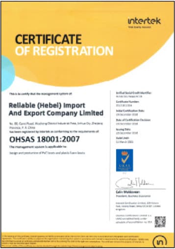 Historical Intertek OHSAS 18001:2007 certificate preview for Reliable Hebei Import and Export Company Limited